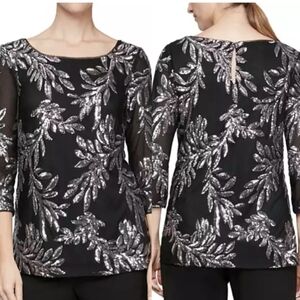 Alex Evenings Sequin Leaves Overlay 3/4 Sleeve Evening Top L Black Silver